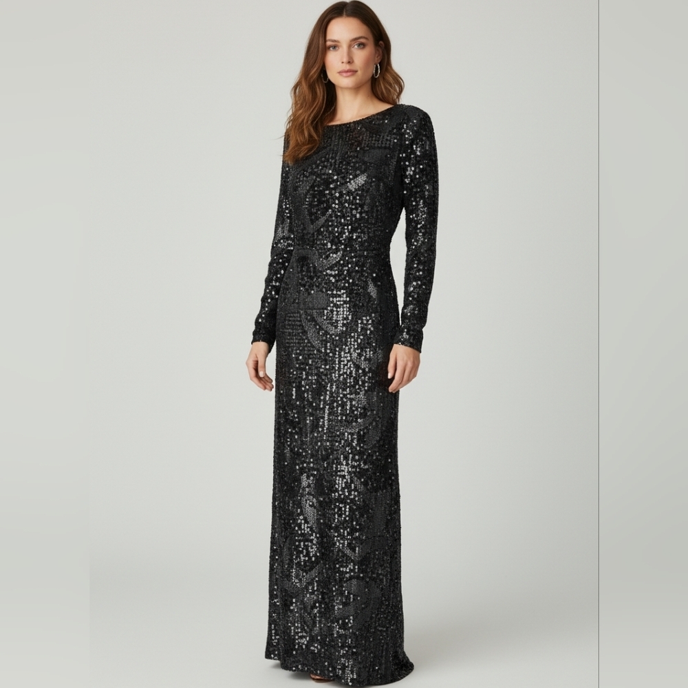Aidan by Aidan Mattox Long Sleeve Velvet Sequin Long Dress